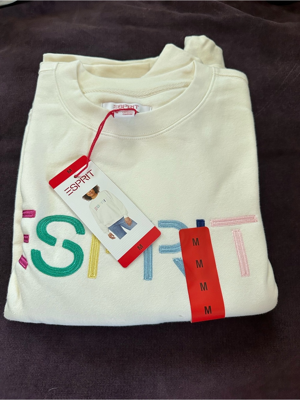 NWT Esprit Sweatshirt Cream with Multicolor Embroidered Logo M